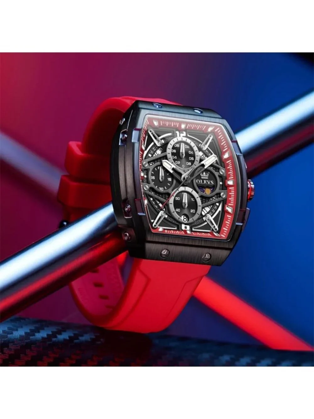 Men's Red Chronograph Big Square Analog Silicone Strap Waterproof Wrist Watch